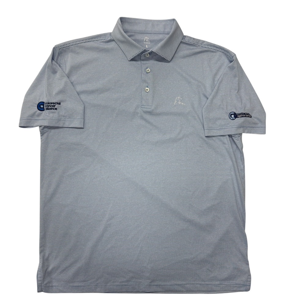 Rhoback Polo Shirt Mens Large Blue White Striped Performance Golf Cancer Logo